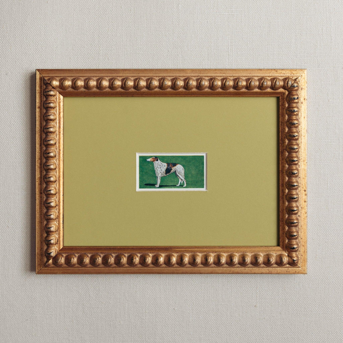 Handmade bobbin frame in antique style gold with green mount board framing a mid century lithograph of a Borzoi dog. ONly available at Giddy Prints.