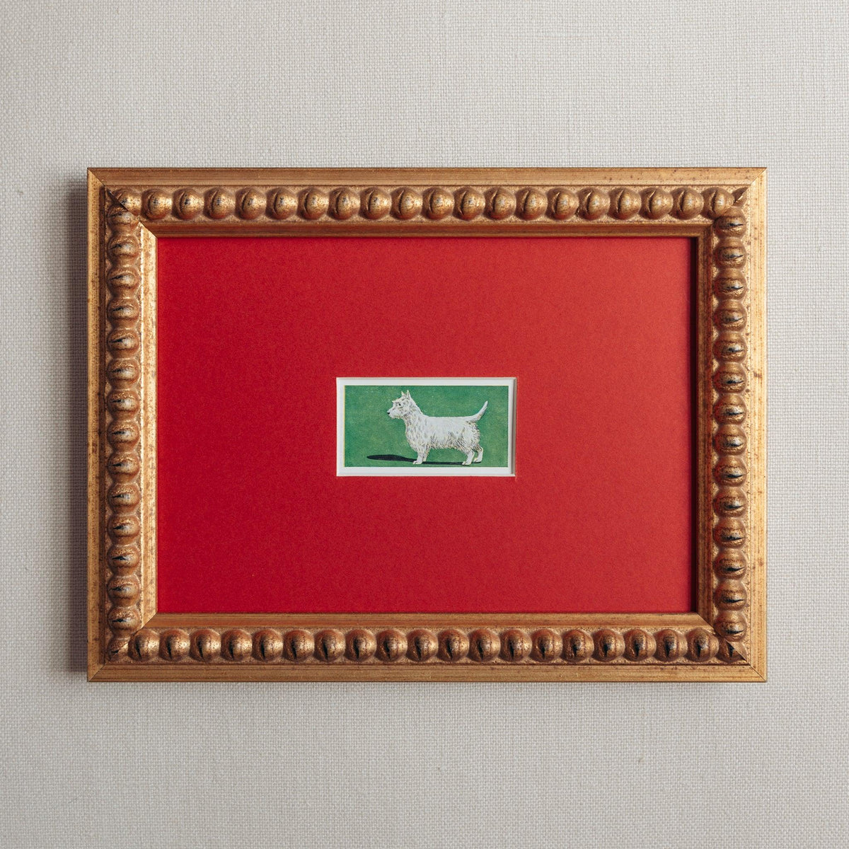 Handmade bobbin frame in antique style gold and red mount, framing a mid century lithograph of a west highland terrier. Available only at Giddy Prints.