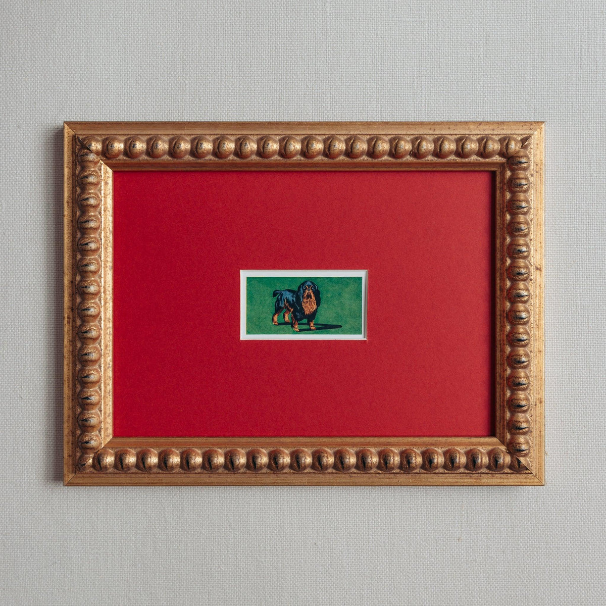 Handmade bobbin frame in antique style gold with red mount, framing a mid century lithograph of a King Charles Spaniel. Available only at Giddy Prints.