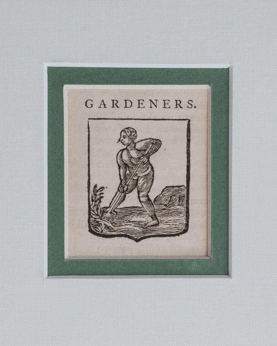 Detailed image of an antique print of a gardener with the word gardeners written above